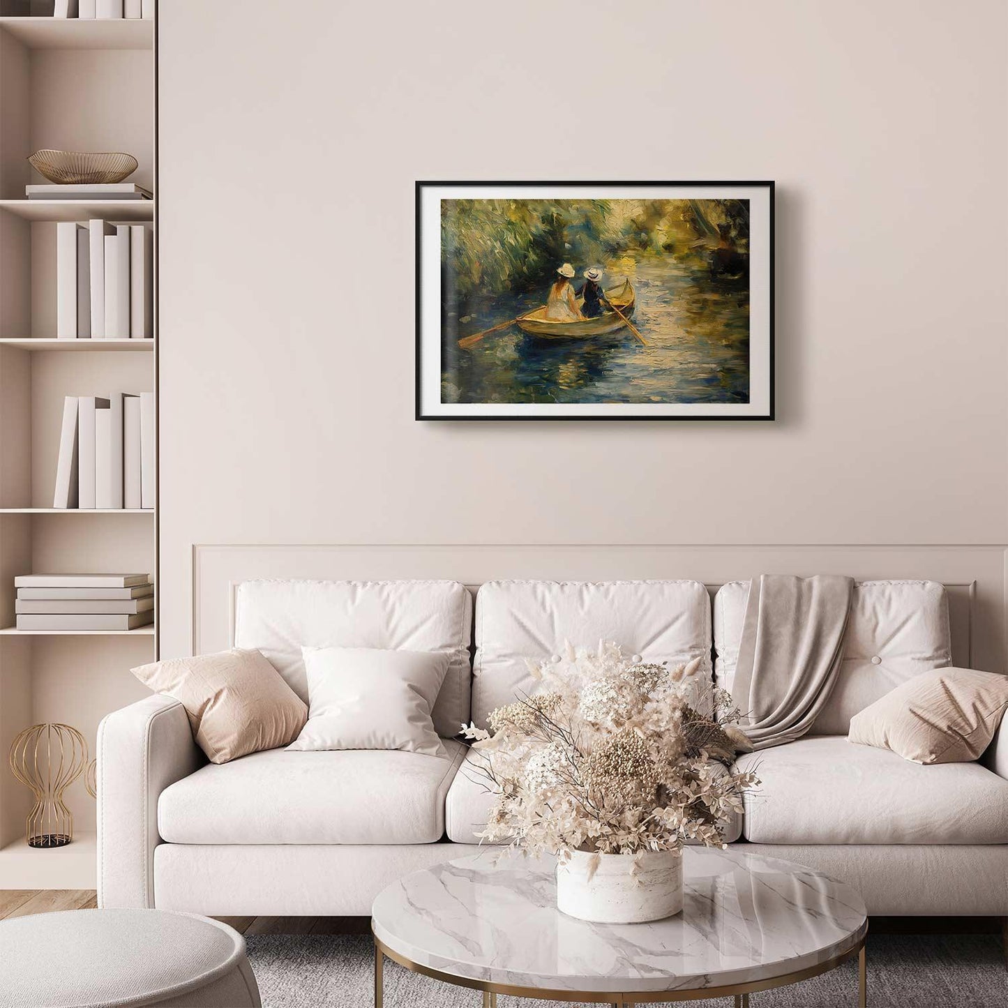 Poster - Boat crossing - painting of two women sailing a boat on a river