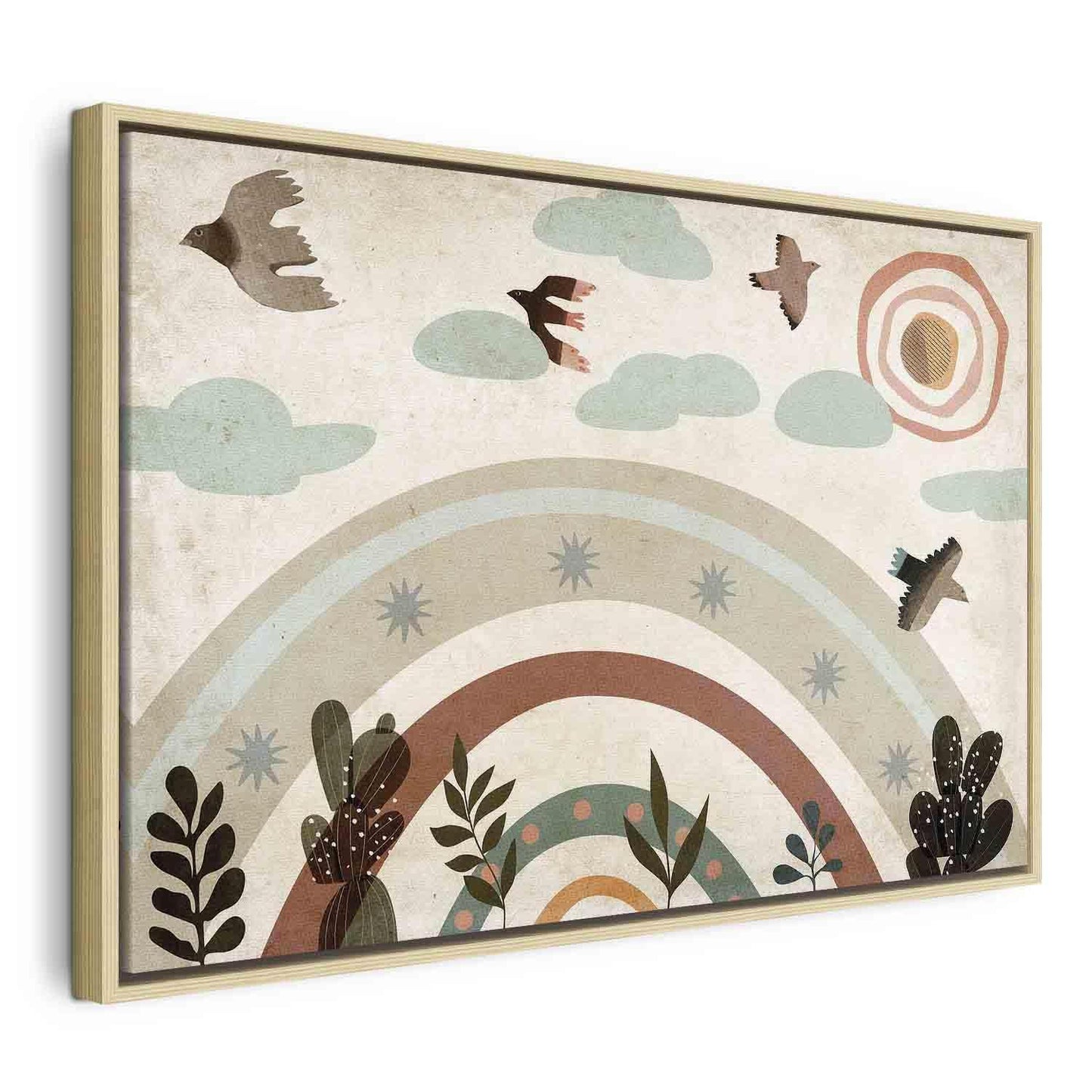 Leinwandbild - Rainbow and Sun Above - Birds in Subdued Colors Flying Among Clouds Above a Rainbow and Various Plants on a Light Background