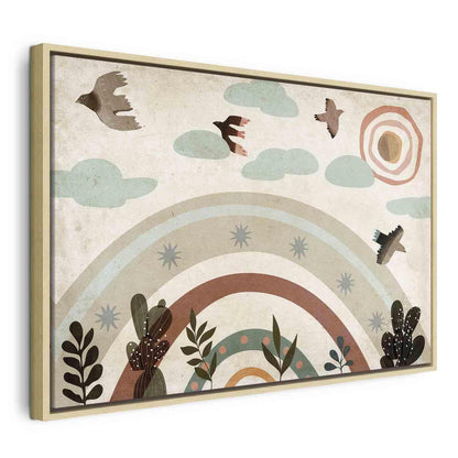 Leinwandbild - Rainbow and Sun Above - Birds in Subdued Colors Flying Among Clouds Above a Rainbow and Various Plants on a Light Background