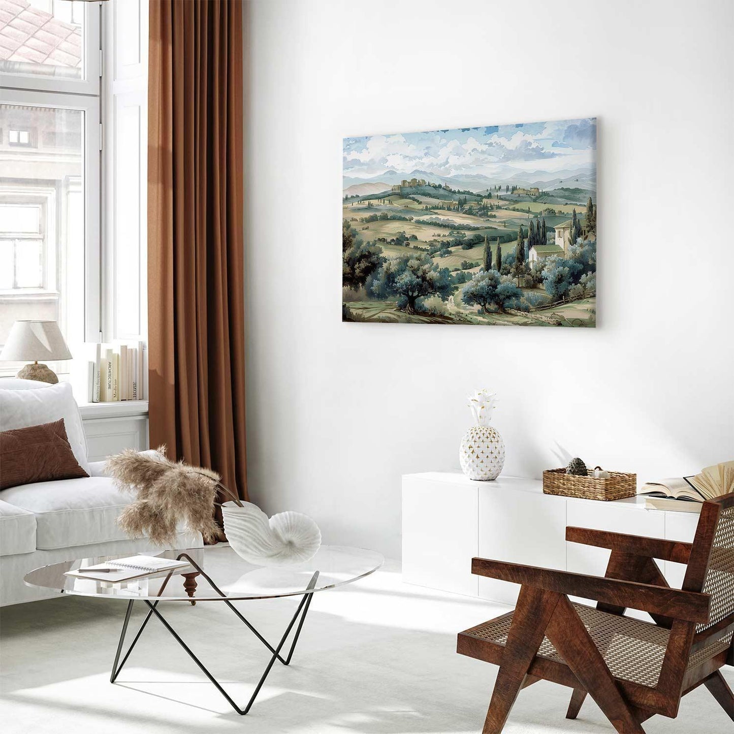 Leinwandbild - Landscape with Green Fields and Trees Tuscan Sunny View