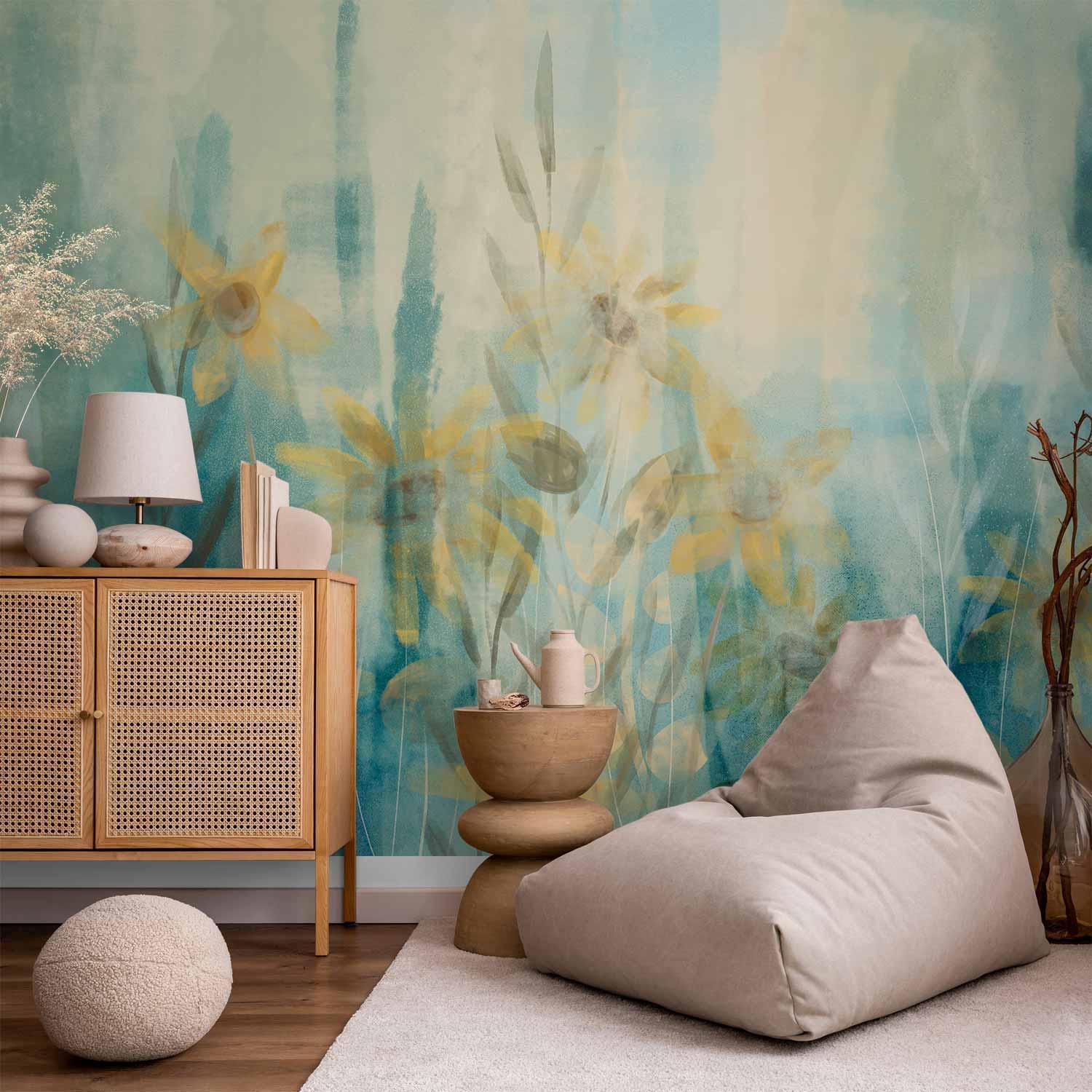 Fototapete Hauch von Sommer Frische - Blaue Blumenwiese mit floralen Motiven für erfrischende Wandgestaltung