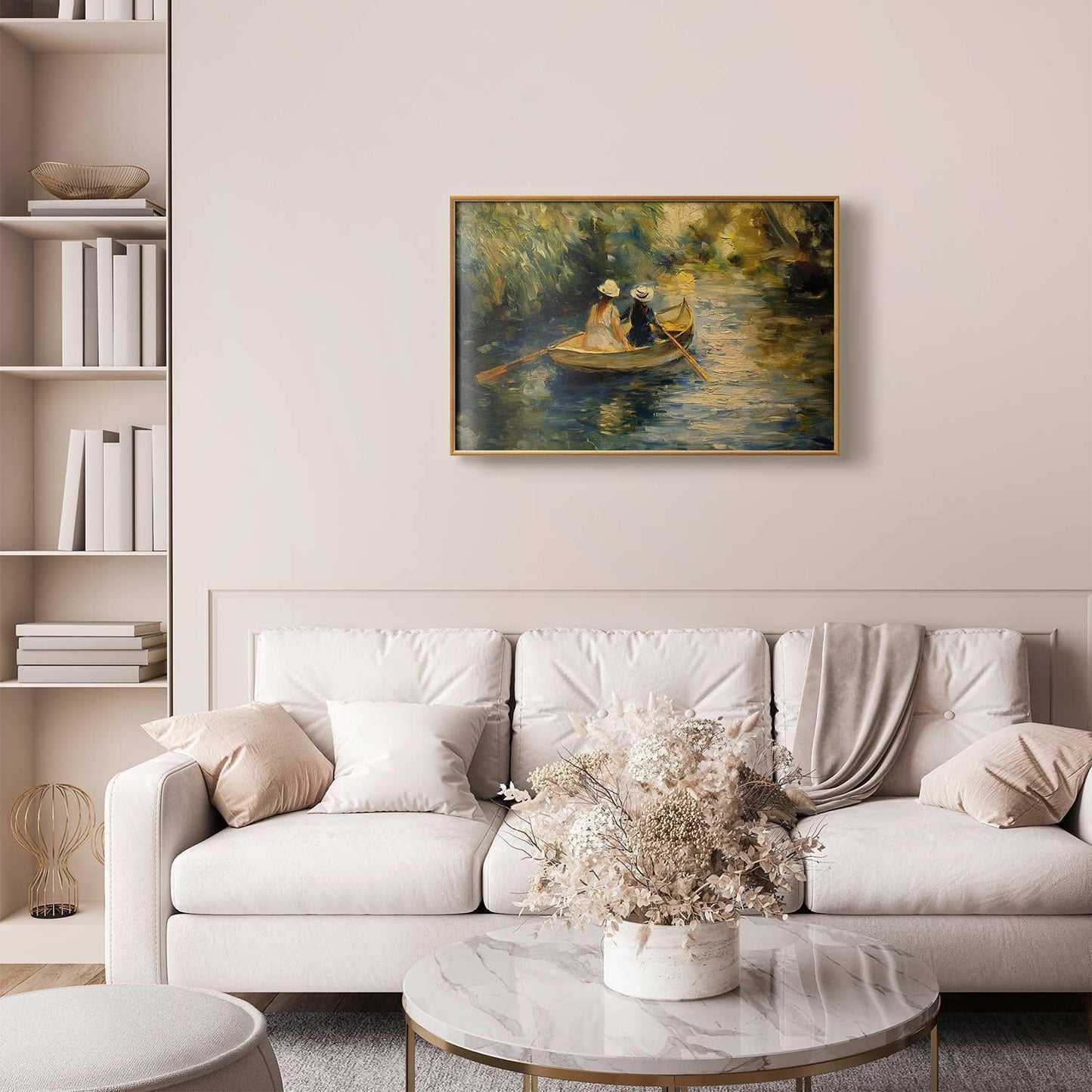 Poster - Boat crossing - painting of two women sailing a boat on a river