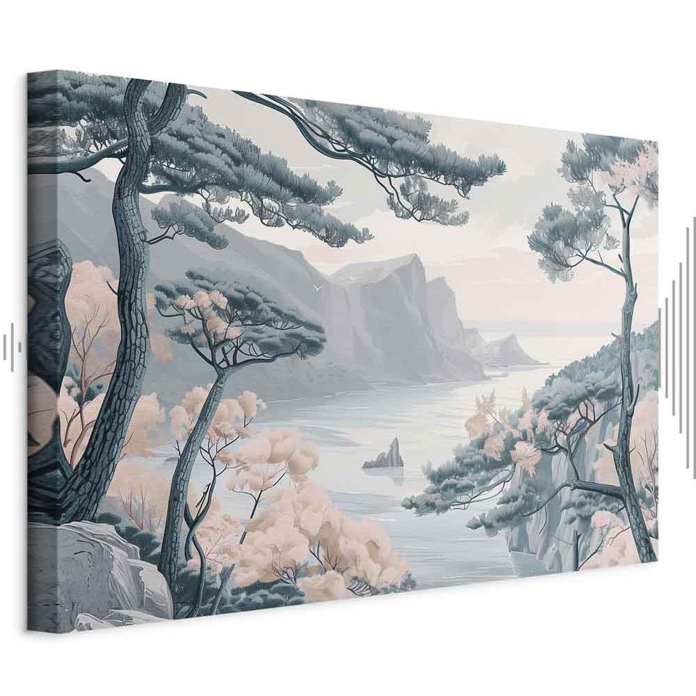 Leinwandbild - Mountainous Coast with Trees and Rocks in Light Pastel Blues