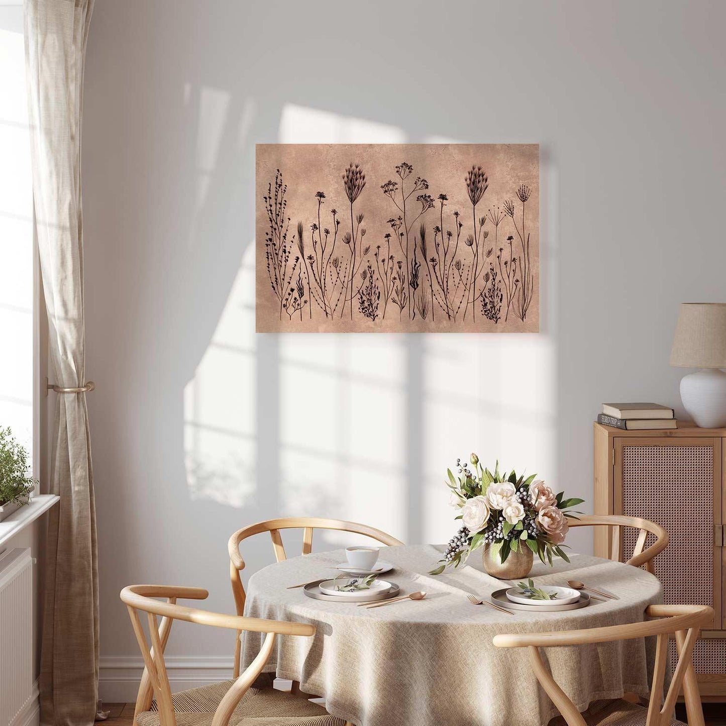 Leinwandbild - Wildflowers – black plants on lime-wash background