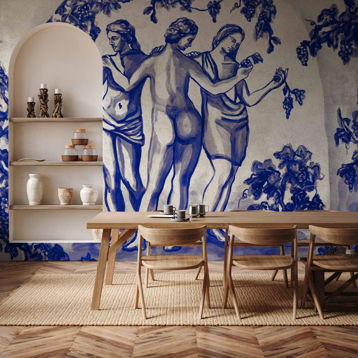 Fototapete - Ancient vineyard - three women in a portal painted with blue ink