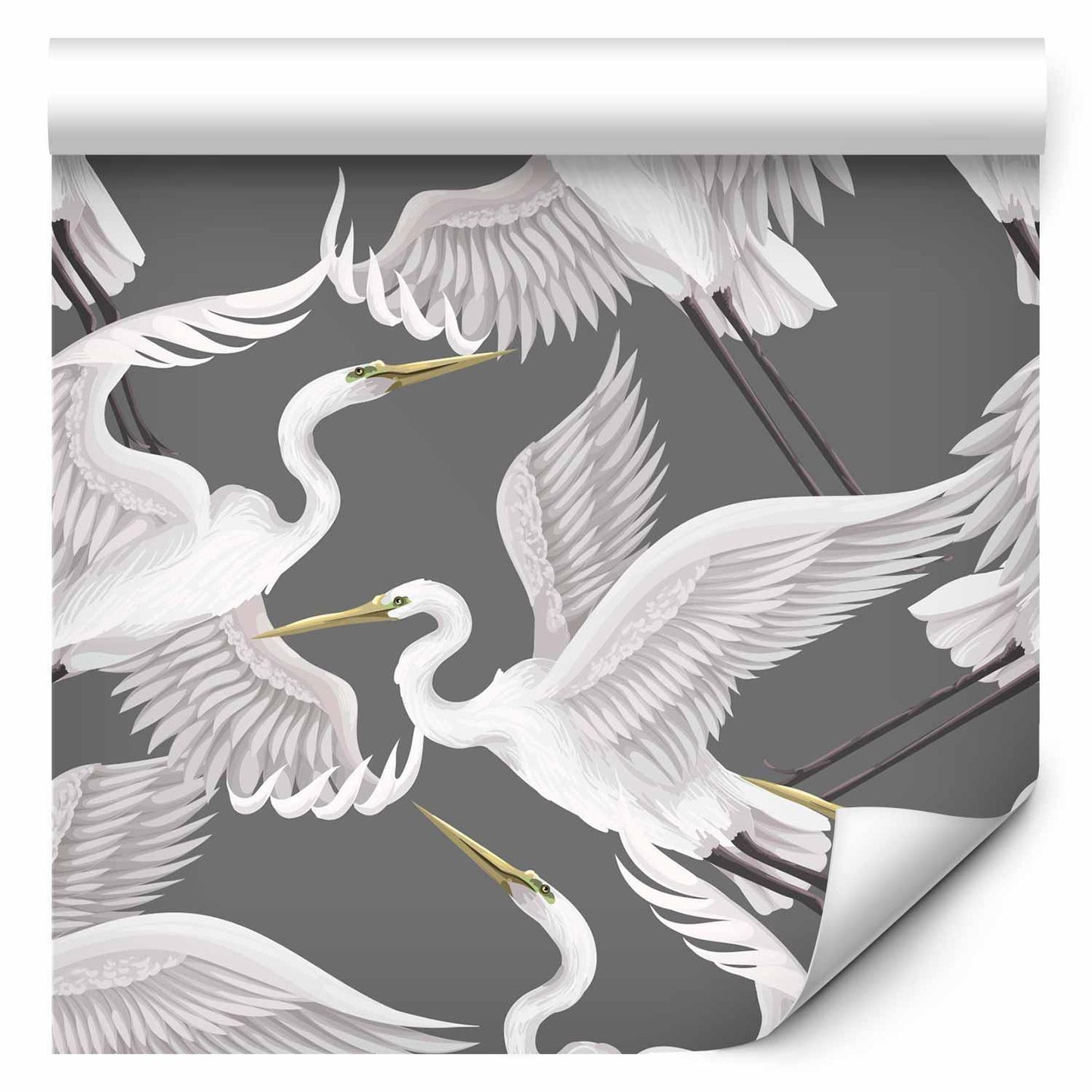 Tapete - Flying birds – a delicate pattern of white and grey herons on a grey background