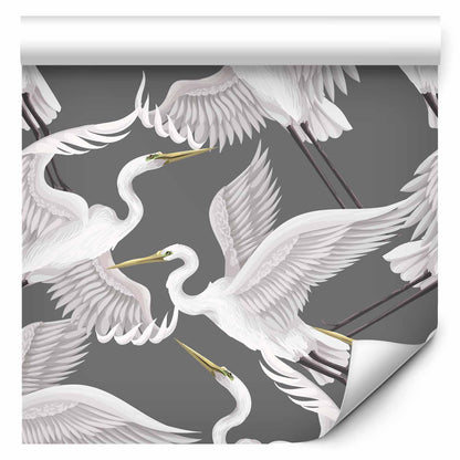 Tapete - Flying birds – a delicate pattern of white and grey herons on a grey background