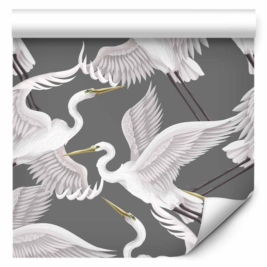 Tapete - Flying birds – a delicate pattern of white and grey herons on a grey background