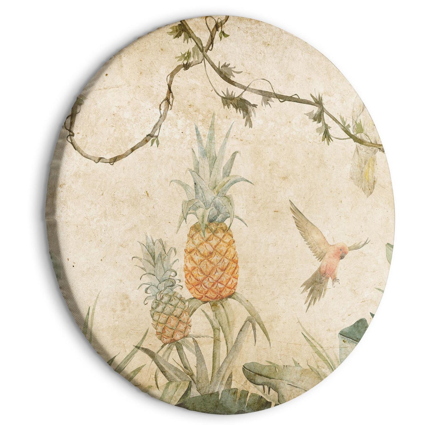 Rundes Bild - Tropics in muted colors - Parrots and pineapples amidst lush exotic flora in soft shades of green/Parrots in the jungle