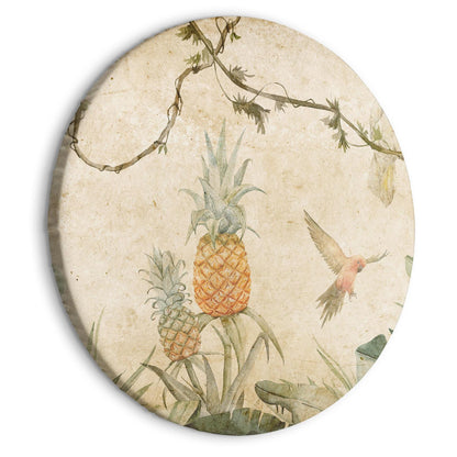Rundes Bild - Tropics in muted colors - Parrots and pineapples amidst lush exotic flora in soft shades of green/Parrots in the jungle