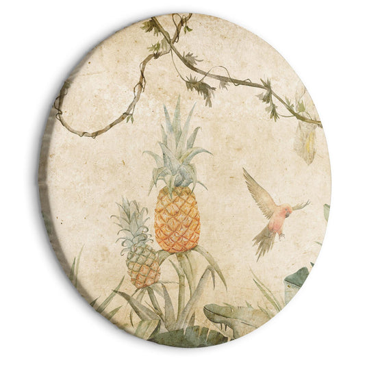 Rundes Bild - Tropics in muted colors - Parrots and pineapples amidst lush exotic flora in soft shades of green/Parrots in the jungle