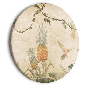 Rundes Bild - Tropics in muted colors - Parrots and pineapples amidst lush exotic flora in soft shades of green/Parrots in the jungle