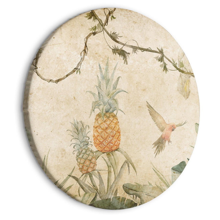 Rundes Bild - Tropics in muted colors - Parrots and pineapples amidst lush exotic flora in soft shades of green/Parrots in the jungle
