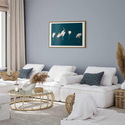 Poster - Evening at the Pond - group of cranes drawn in dry pastel on a dark turquoise background Artgeist