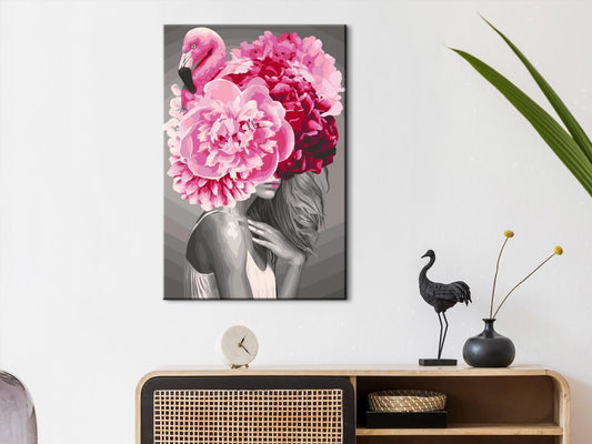 Flamingo Girl Portrait Leinwand mit vorgedruckten Zahlen - Sawelt