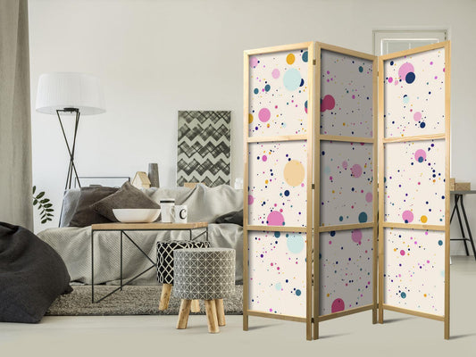 Japanischer Paravent - Dots - Spots and Splashes Multicolored - Cheerful Pattern on a Light Pink Background Artgeist