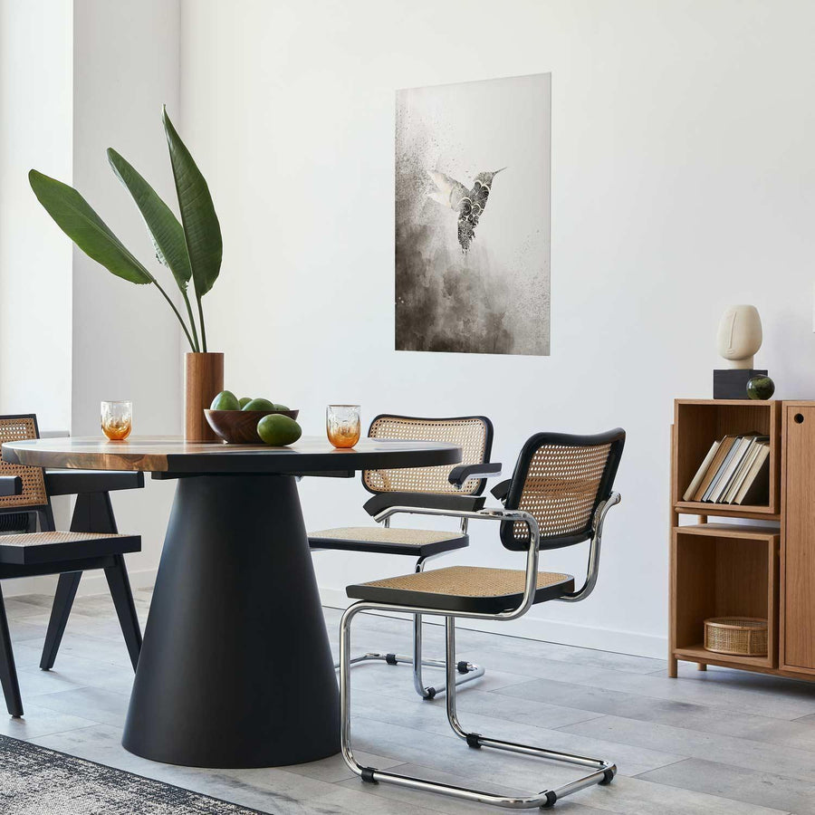 Ethnic Hummingbird poster in modern dining room setting.