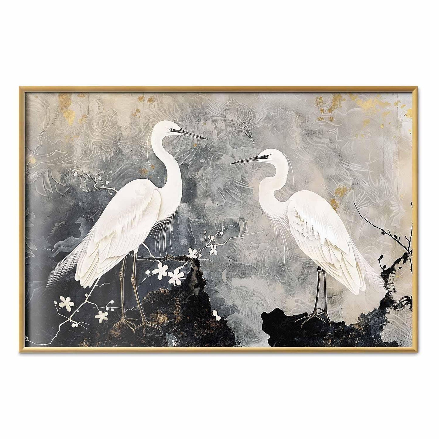 Poster - Herons and Cherry Blossom - oriental-style illustration depicting birds