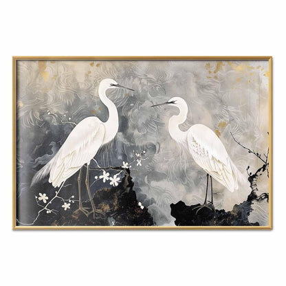 Poster - Herons and Cherry Blossom - oriental-style illustration depicting birds