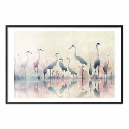 Poster - Birds by the Lake - herons painted in watercolor in a delicate, gray-pink palette