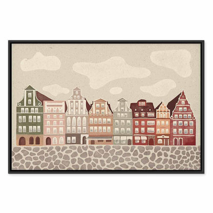 Leinwandbild - Salt Square - Colorful Illustrated Townhouses Against a Cloudy Sky Background