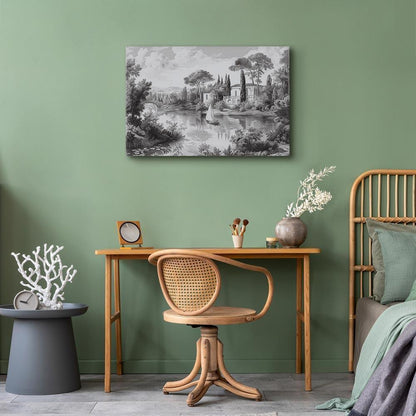 Leinwandbild - Black and White Vintage Landscape Retro View of a Pond with a Boat