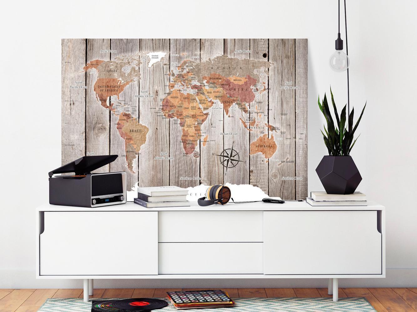 Korkbild Pinnwand Weltkarte Holzoptik - Natürliche Kontinente mit Kompass