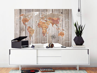 Korkbild Pinnwand Weltkarte Holzoptik - Natürliche Kontinente mit Kompass
