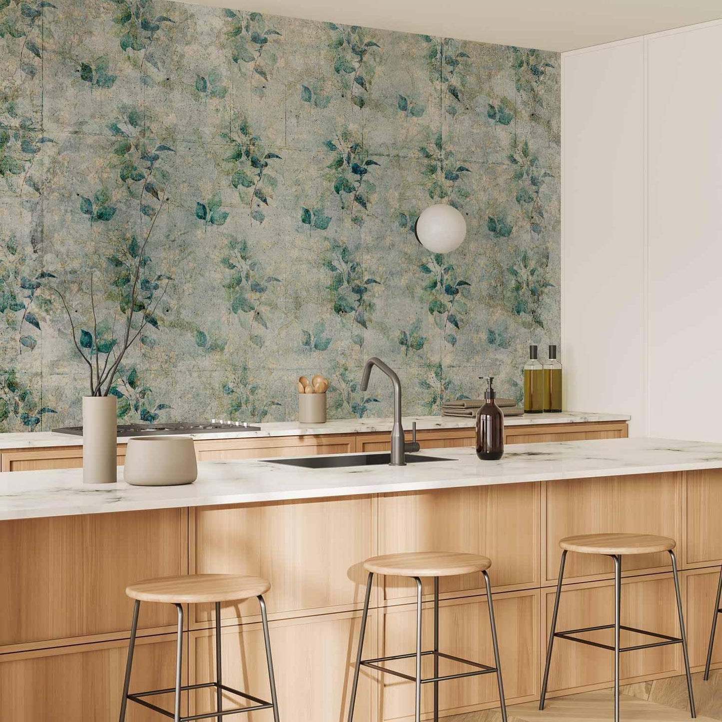 Fototapete - Mint tones - green leaf bouquets on a retro patterned background