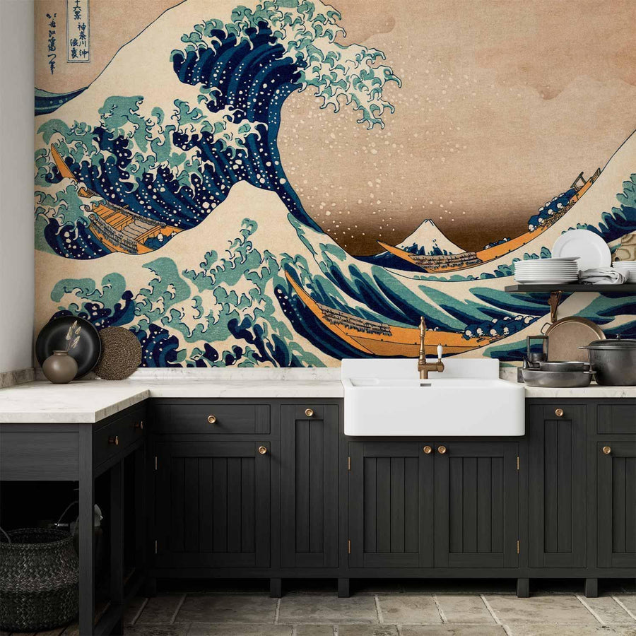 Die große Welle von Kanagawa – Fototapete im Stil von Hokusai