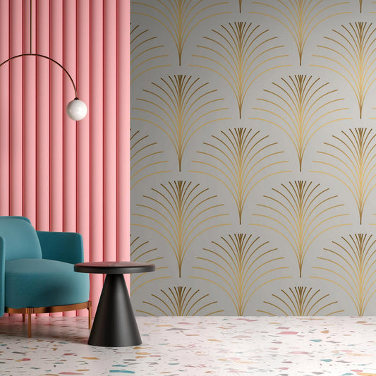 Fototapete with gold linear pattern on marble background, interior wall decor.