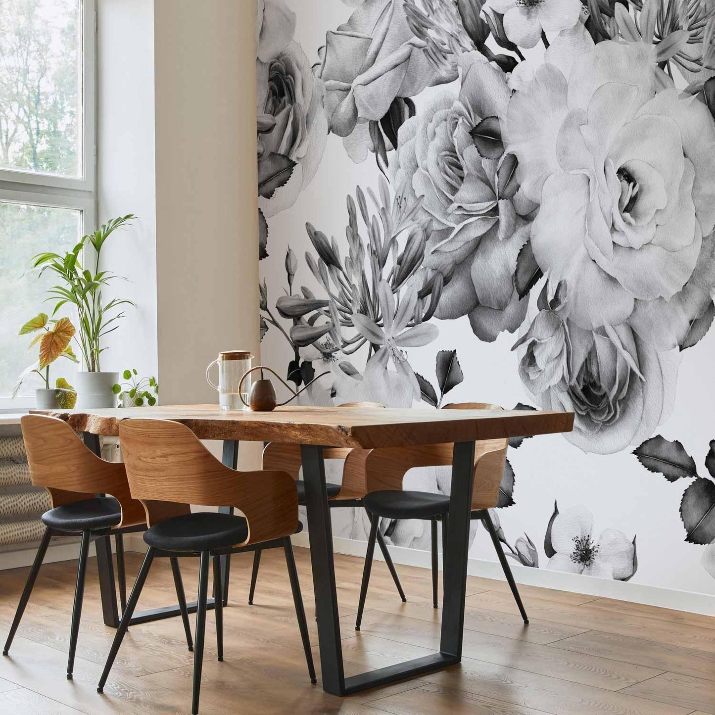 Fototapete Romantischer Garten – Schwarz-Weiß Blumenmuster