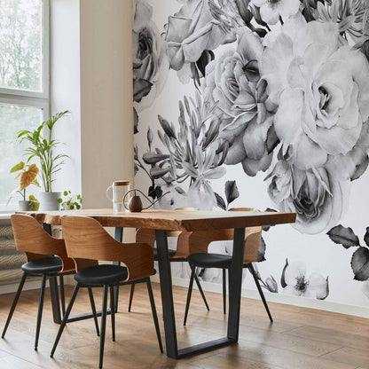 Fototapete Romantischer Garten – Schwarz-Weiß Blumenmuster