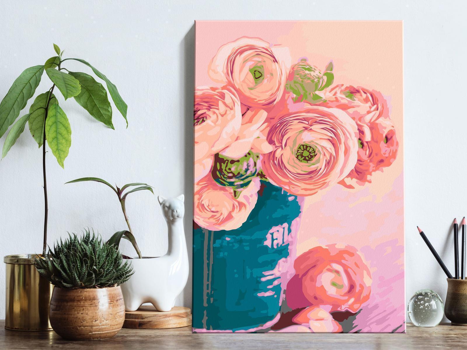 Blumen in blauer Vase Wandbild zum Ausmalen - Stilvolles Stillleben mit nummerierten Feldern für entspannende Malstunden - Sawelt