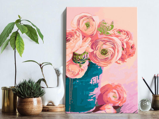 Blumen in blauer Vase Wandbild zum Ausmalen - Stilvolles Stillleben mit nummerierten Feldern für entspannende Malstunden - Sawelt