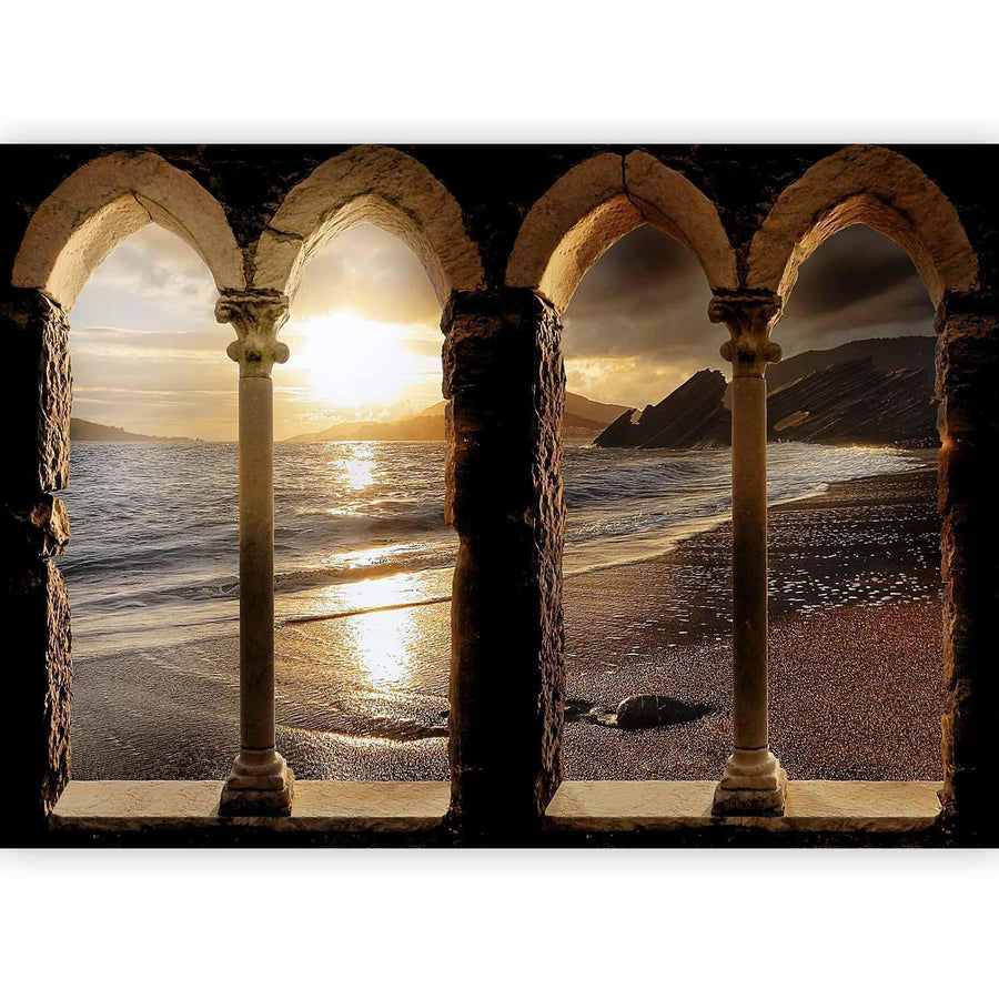 Fototapete „Schloss am Strand“ – Mystischer Ausblick auf Felsen & Meer