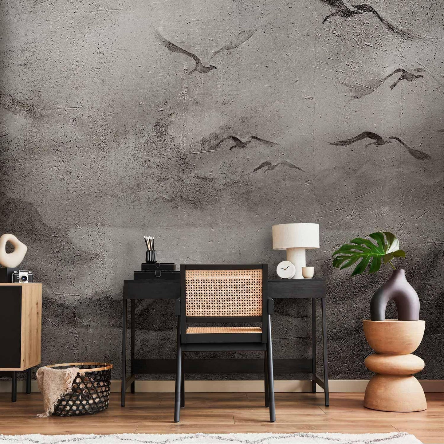 Fototapete - Swan flight - abstract landscape of birds over a lake with texture