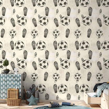 Tapete - Traces and Balls - Black-and-white soccer motifs on a beige background