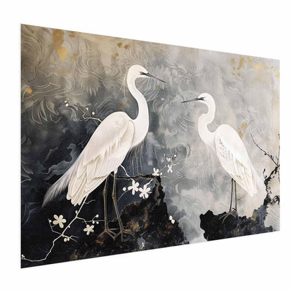 Poster - Herons and Cherry Blossom - oriental-style illustration depicting birds Artgeist