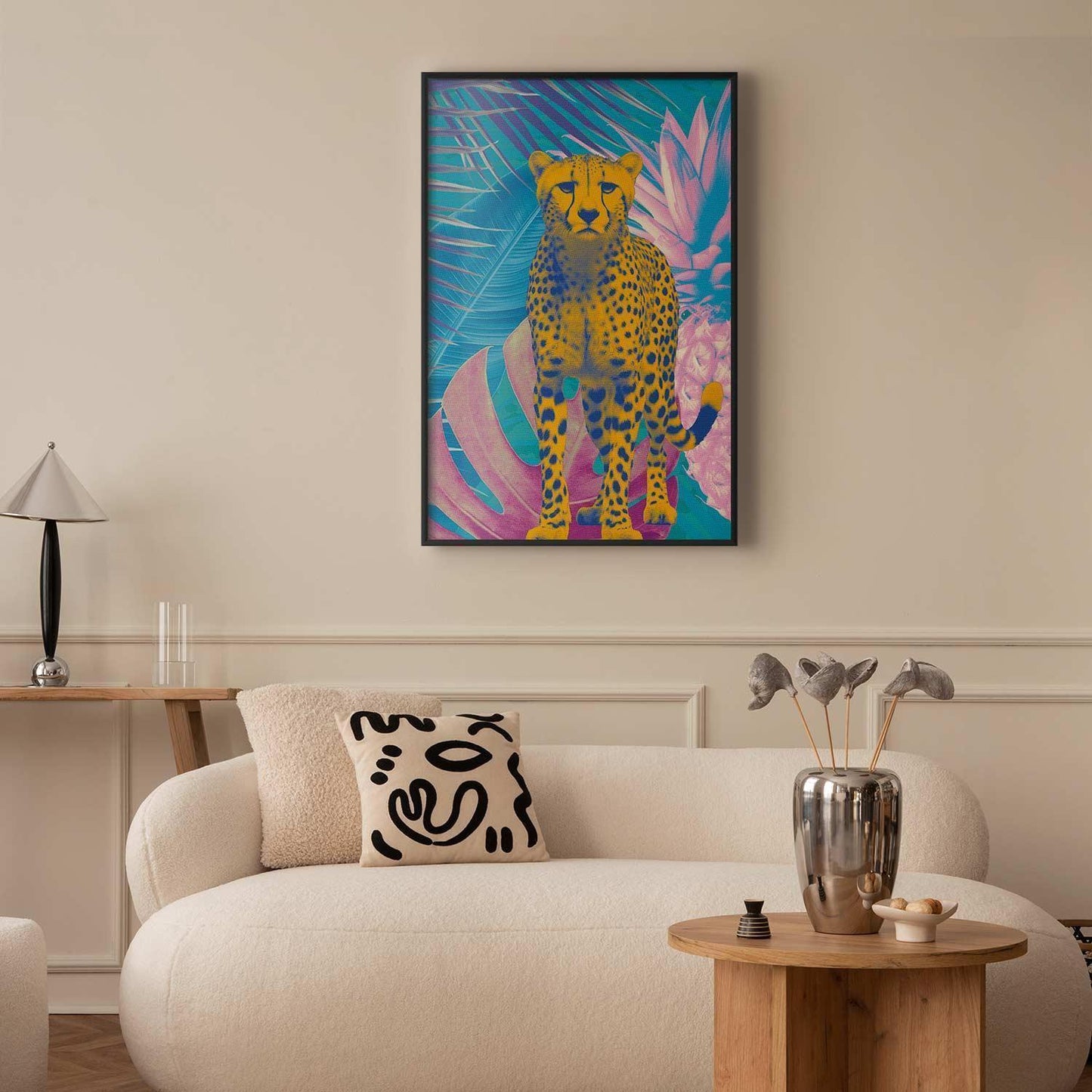 Poster - Exotic Leopard - colorful portrait of a cheetah against tropical leaves