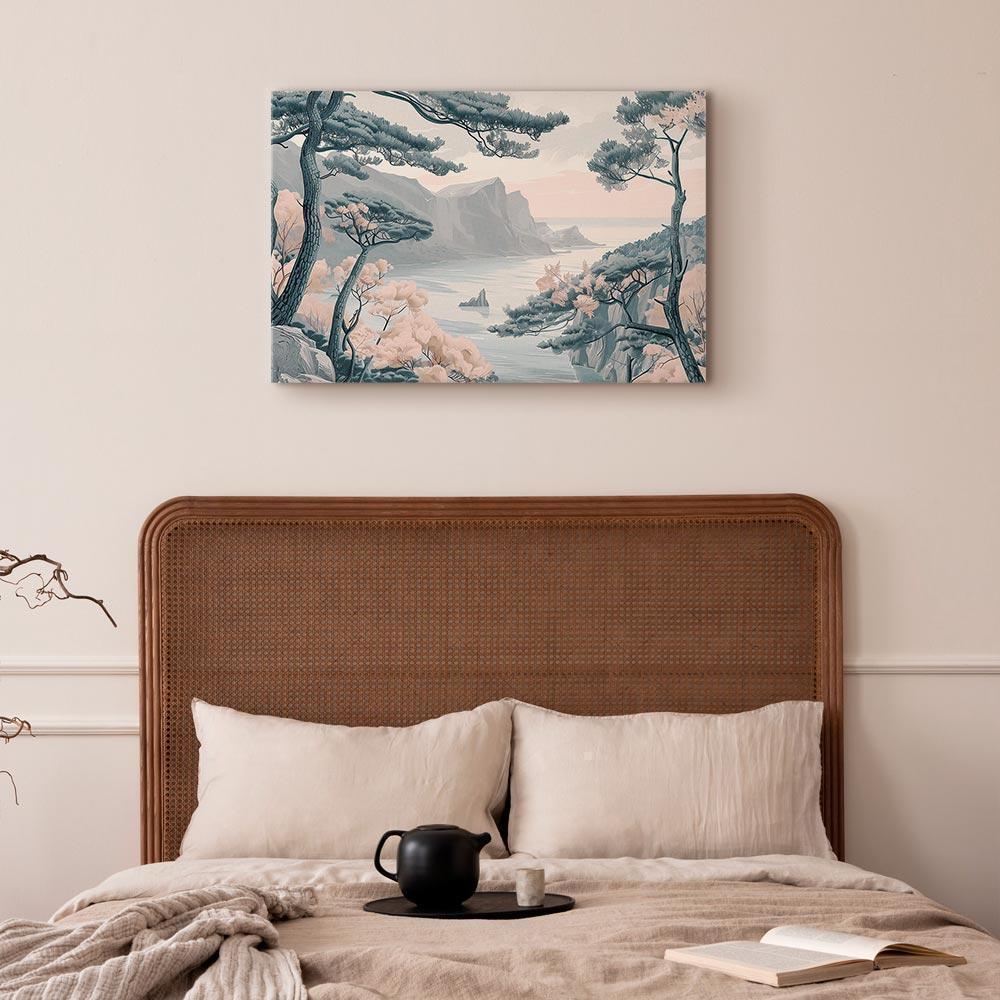 Leinwandbild - Mountainous Coast with Trees and Rocks in Light Pastel Blues