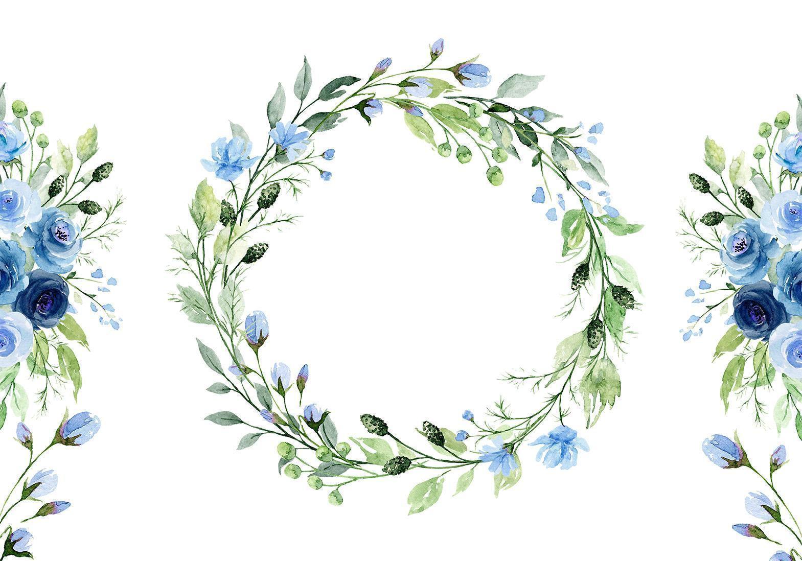 Fototapete - Romantic wreath - plant motif with blue flowers and leaves Artgeist