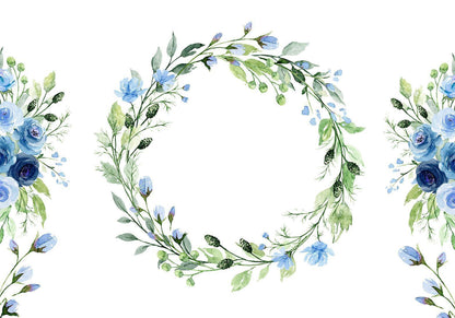 Fototapete - Romantic wreath - plant motif with blue flowers and leaves Artgeist