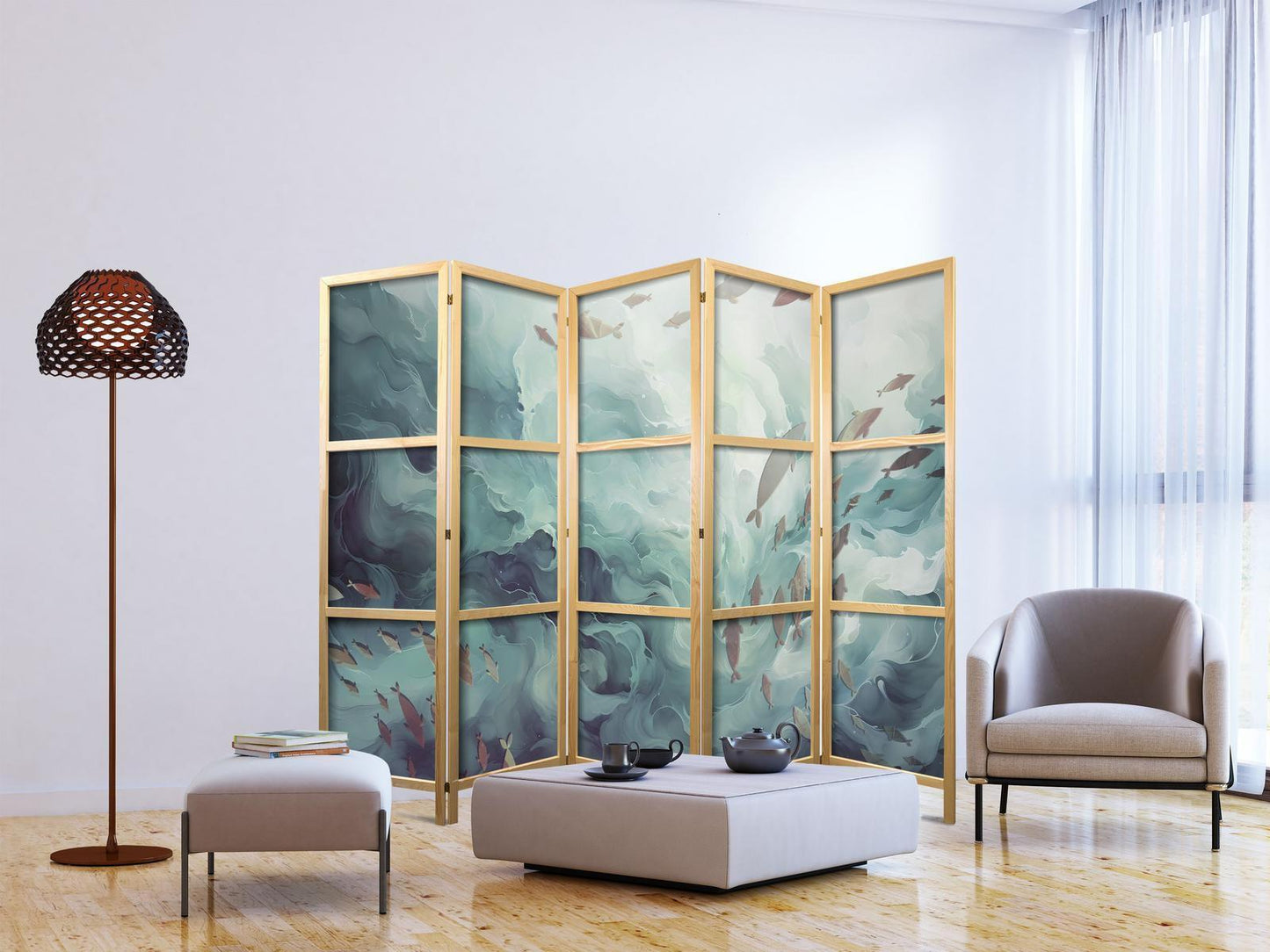 Japanischer Paravent - Three Schools of Fish - Fish in Muted Colors Swimming in Groups in Oceanic Depths Artgeist