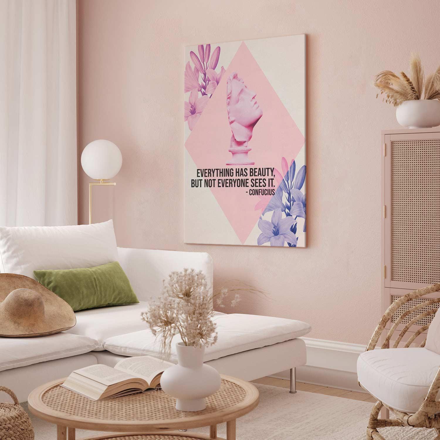 Leinwandbild - Beauty in the Eyes - Inspirational Quote with Pink Bust and Flowers Artgeist