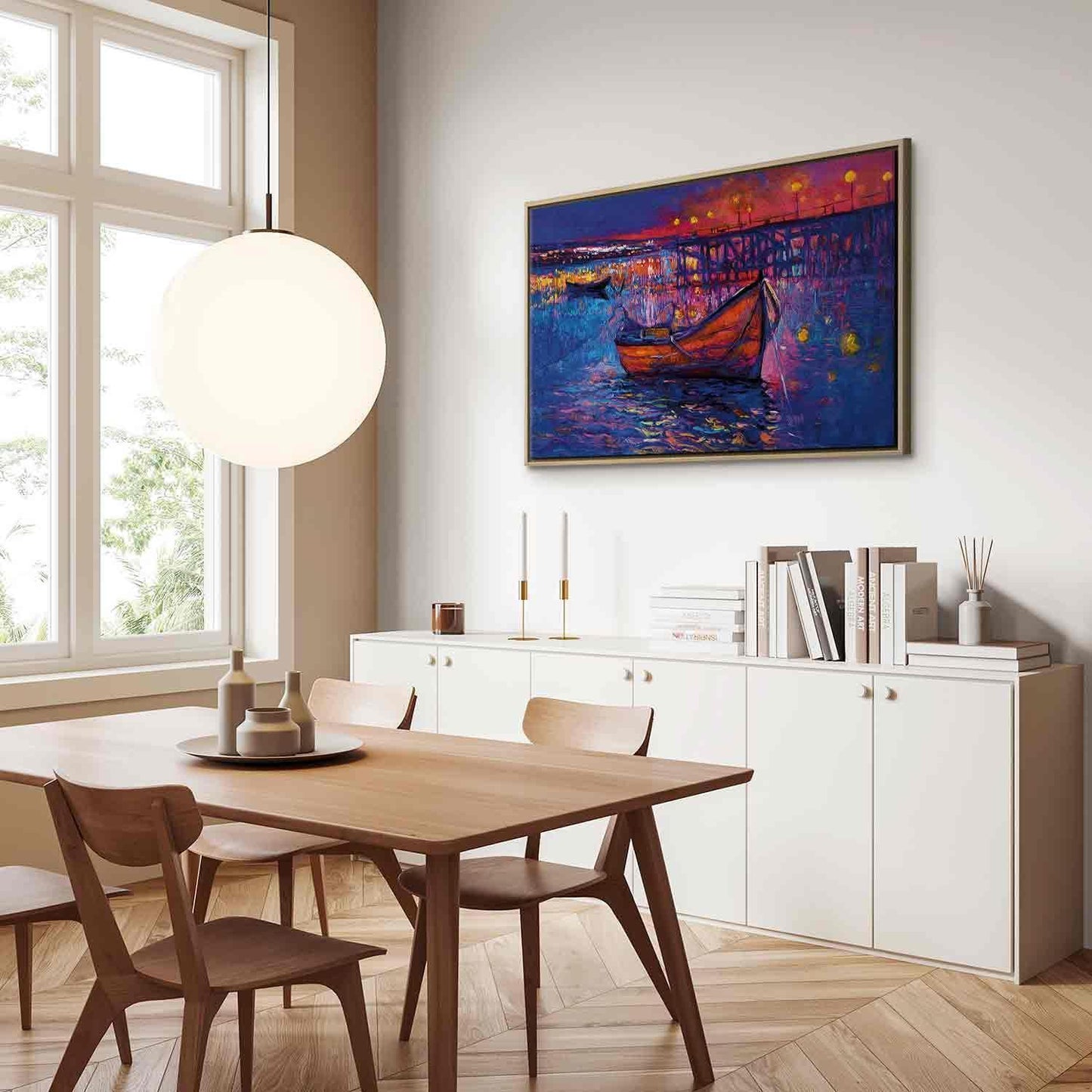 Leinwandbild - Modern impressionism - night landscape of a lake with a floating boat