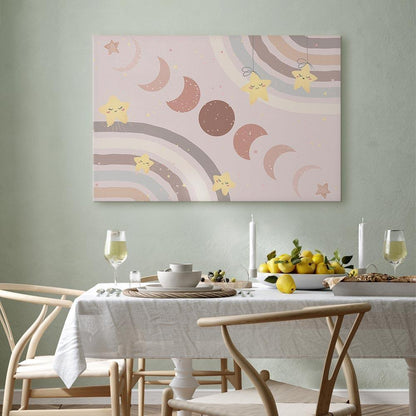 Leinwandbild - Joyful Sky - Yellow Cheerful Stars with a Rainbow Against the Phases of the Moon in a Light Beige Sky Hue