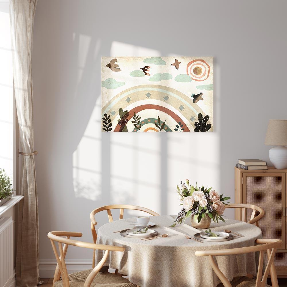 Leinwandbild - Rainbow and Sun Above - Birds in Subdued Colors Flying Among Clouds Above a Rainbow and Various Plants on a Light Background