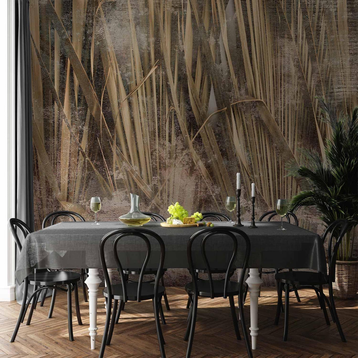 Fototapete - Dry leaves - landscape of tall grasses in boho style with paint patterns Artgeist
