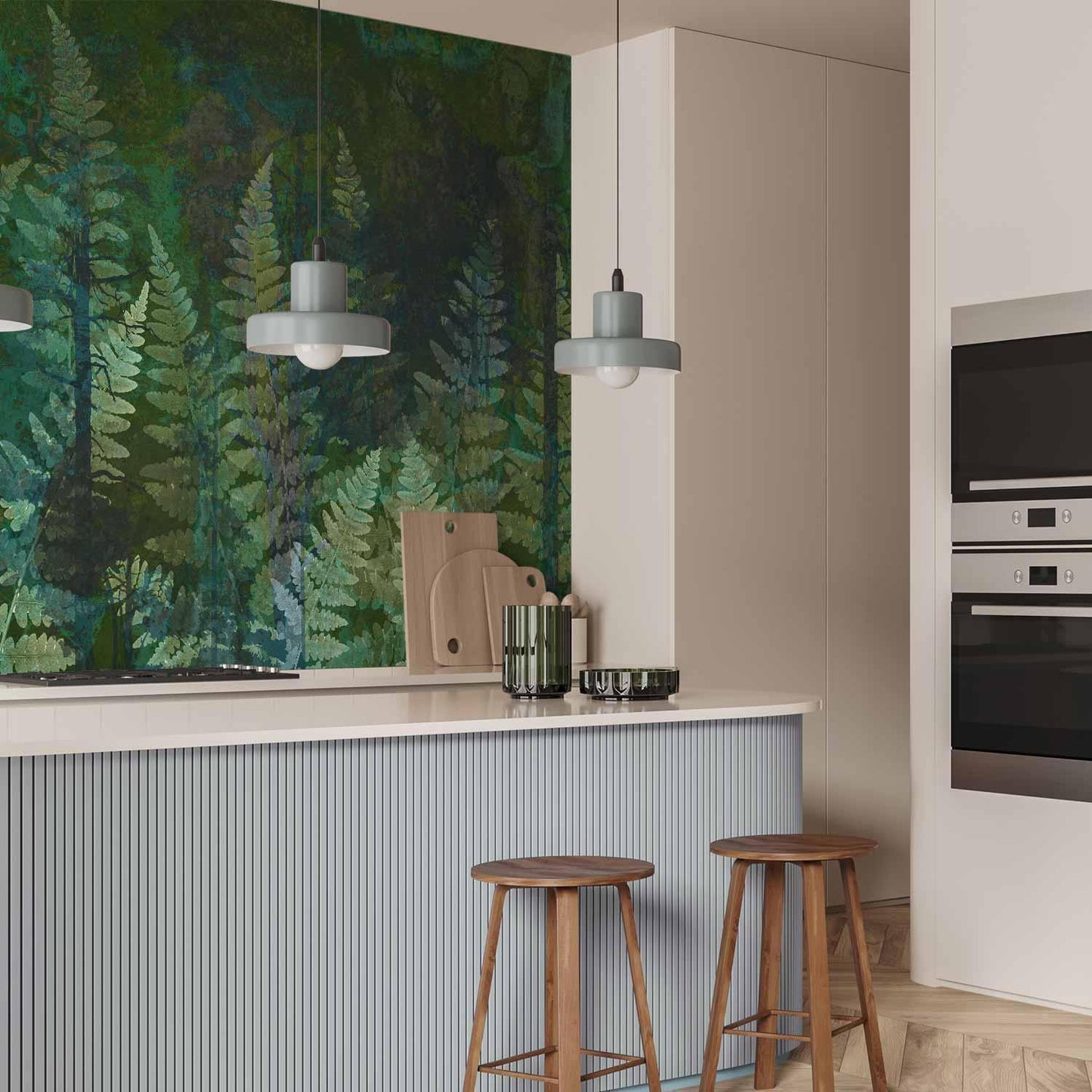 Fototapete - Green abstraction in the forest - fern leaves in the trunks with patterns